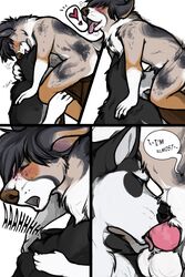 2:3 animal_genitalia animal_penis anthro anthro_on_anthro anthro_penetrated anthro_penetrating anthro_penetrating_anthro balls black_hair bodily_fluids canid canine canine_penis canis comic cum dialogue domestic_dog duo ears_back english_text erection face_mounting fur genital_fluids genitals hair heart herding_dog hi_res husky knot looking_pleasured male male/male male_penetrated male_penetrating male_penetrating_male mammal multicolored_body multicolored_fur nordic_sled_dog open_mouth oral oral_penetration pastoral_dog penetration penile penile_penetration penis pivoted_ears sex speech_bubble spitz text tongue tongue_out triku welsh_corgi white_balls