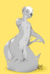 amputee anthro better_version_at_source disability eyewear genitals glasses goo_transformation hi_res latex_transformation lutrine male mammal mid_transformation missing_arm mustelid nude penis rubber solo transformation viddharta-joshua