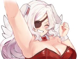 2021 angel_wings armpits bbw breasts bunny_ears bunnysuit chubby chubby_female eyepatch happy koahri large_breasts nina_aquila nina_aquila_legal_eagle official_art red_eyes smile tanuki-sama_studios white_background white_hair