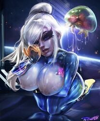 big_breasts bimbo blonde blonde_hair blowjob_gesture blue breasts eyes fellatio_gesture large_breasts latex looking_at_viewer metroid nintendo samus_aran skin_tight thick_thighs tight_clothing tudduls voluptuous