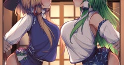 2girls ambiguous_penetration blonde_hair blush cum cum_inside darumoon detached_sleeves flushed frog grabbing_from_behind green_hair large_breasts long_sleeves multiple_girls offscreen_sex prison_guard_position sanae_kochiya skirt suwako_moriya symmetrical_docking tagme tongue_out touhou