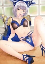 1girls alluring bra cum cum_in_between_breasts cum_in_cleavage cum_on_bra cum_on_chest cum_on_face cum_on_lingerie cum_on_panties female green_eyes high_heels holding_condom mashin_sentai_kiramager panties silver_hair super_sentai voluptuous yodonna