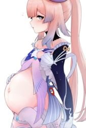 1female 1females 1girl 1girls adult blush exposed_belly exposed_belly_button exposed_pregnant_belly female female_focus female_only genshin_impact hand_on_stomach hemumu hoyoverse inazuma_girls japanese_clothes light-skinned_female light_skin mihoyo mihoyo_technology_(shanghai)_co._ltd. pink_hair pregnant pregnant_belly pregnant_female purple_eyes purple_hair sangonomiya_kokomi solo solo_female solo_focus swollen_belly white_background