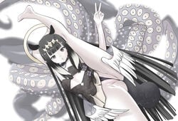 1girls achat angel_wings black_and_white blurry_background choker clothed dark_hair diadem female female_focus female_only halo hand_on_leg hands_behind_head highres hololive hololive_english hololive_myth jf_acht leg_above_head leg_over_shoulder legs_over_head legs_spread light_hair long_hair looking_at_viewer mole mole_under_eye multicolored_hair ninomae_ina'nis open_mouth peace_sign pussy pussy_focus pussy_peek pussy_visible_through_clothes questionable_anatomy tentacle tiara very_long_hair virtual_youtuber white_background wings