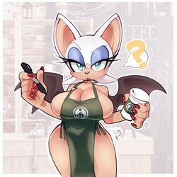 1girls ? apron apron_only bat bat_ears bat_wings big_breasts blue_eyes breasts female female_focus female_only green_apron holding_object iced_latte_with_breast_milk meme milkchaotea misswerehog punkinbuu red_nails rouge_the_bat sonic_(series) starbucks thick_thighs thighs