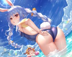 2girls :o adjusting_clothes adjusting_swimsuit animal_ear_fluff animal_ears ass back bare_shoulders blue_hair blush braid breasts bunny-shaped_pupils butt_crack carrot carrot_hair_ornament cloud creature eyewear_on_head food-themed_hair_ornament food_themed_hair_ornament fur_scarf hair_ornament heart highres holoforce hololive hololive_fantasy hololive_japan horns kiryu_coco lifebuoy long_hair miko_no_kamiko multiple_girls ocean oerba_yun_fang one-piece_swimsuit partially_submerged rabbit rabbit_ears rabbit_girl rabbit_tail scarf single_thighhigh sky small_breasts sunglasses sunglasses_on_head swimsuit symbol-shaped_pupils tail thick_eyebrows thighhighs twin_braids usada_pekora vector_trace virtual_youtuber wading water white_hair