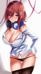 1girls 2019 bangs black_legwear blue_eyes blush breasts brown_hair clothes_pull eyebrows_visible_through_hair farys_(afopahqfw) female female female_focus female_only go-toubun_no_hanayome groin hair_between_eyes headphones headphones_around_neck highres large_breasts long_hair long_sleeves looking_at_viewer nakano_miku off_shoulder pantyhose pantyhose_pull shiny shiny_skin shirt skindentation solo solo_female solo_focus thighs undressing white_shirt