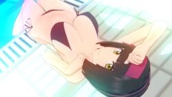 1girls bare_legs bare_midriff bare_shoulders bare_thighs belly_button bikini black_hair breasts female hair hair_ribbon hairband koikatsu large_breasts laying_down looking_at_viewer medium_hair mio_(tsuki_ga_michibiku_isekai_douchuu) pool qwqggqwq smile spider_girl swimsuit tsuki_ga_michibiku_isekai_douchuu yellow_eyes