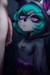 1boy 1girls akofi animal_ears artist_name clothed green_hair hood human league_of_legends looking_up necklace purple_eyes short_hair standing veiny_penis vex_(league_of_legends) yordle