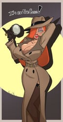 1girls cleavage clothed detective disney eyeshadow female gewd-boi hair_over_one_eye huge_breasts jessica_rabbit lipstick long_hair looking_at_viewer police red_hair solo trenchcoat who_framed_roger_rabbit