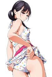 adjusting_clothes adjusting_swimsuit ass bikini black_eyes black_hair blush breasts cowboy_shot eyebrows_visible_through_hair female female high_resolution long_hair matsunaga_kouyou original polka_dot polka_dot_swimsuit ribbon sideboob simple_background small_breasts solo swimsuit swimsuit_under_clothes teasing tied_hair twintails white_background