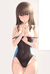 bangs bare_shoulders blush breasts brown_hair cleavage commentary competition_swimsuit covered_navel eyebrows_visible_through_hair female groin highres hiiragi_hajime long_hair off_shoulder one-piece_swimsuit original purple_eyes smile solo swimsuit