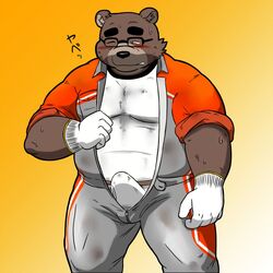 1:1 anthro blush bottomwear brown_body brown_fur brown_nose bulge clothed clothing erection erection_under_clothing eyewear fur glasses humanoid_hands male mammal overweight overweight_male pants shiba-kenta shirt solo topwear underwear ursid