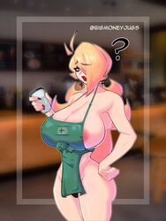 1girls apron bigmoneyjugs blonde_hair earrings eyebrows_visible_through_hair hair_over_one_eye huge_breasts iced_latte_with_breast_milk long_hair meme naked naked_apron thick_thighs