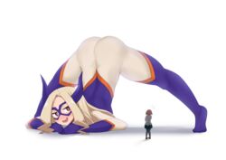 2girls ass blonde_hair ftnranat giantess hero_outfit_(mha) jack-o_pose meme mount_lady multiple_girls my_hero_academia ochako_uraraka simple_background uncensored white_background yuu_takeyama