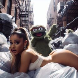 1girls ai_generated alley ariana_grande ass brown_hair celebrity clothing dall-e3 earrings eyeliner garbage garbage_bags garbage_bin green_fur hips human human_female laying_on_stomach light-skinned_female light_skin long_hair looking_at_viewer lying muppets open_mouth oscar_the_grouch outside pink_lips puppet real_person round_ass round_butt sesame_street tagme tan-skinned_female tan_skin tattoo the_muppet_show thong tied_hair trash trash_bag trash_can white_clothing