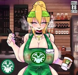 1girls apron black_nail_polish blonde_hair cross cross_necklace heterochromia horny hourglass_figure huge_breasts iced_latte_with_breast_milk invdrcls lactating lactation lactation_through_clothes light-skinned_female light_skin looking_at_viewer meme nail_polish naked naked_apron ponytail