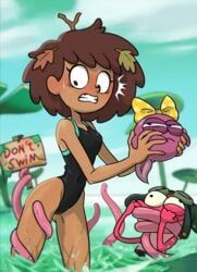 1boy 2girls amphibia anne_boonchuy brown_hair centinel303 dark-skinned_female disney disney_channel leaf one-piece_swimsuit polly_plantar sprig_plantar standing straight_hair swimsuit tentacle tentacles thai thighs water