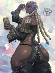 1girls african african_female ass ass_focus blue_eyes braid braided_hair braided_ponytail curvy curvy_figure dark-skinned_female dark_skin dolores_(kof) eyelashes female female_only glasses holding holding_object holding_phone huge_ass king_of_fighters lipstick long_hair looking_at_viewer looking_back sekushimagik simple_background solo thick_thighs video_games voluptuous wide_hips