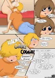 1futa 1girls after_orgasm ass_up bedroom big_penis black_eyes blonde_hair blue_eyes blue_jeans breasts brown_hair clothed clothing comic comic_page coughing cum cum_in_mouth cum_on_penis cum_string dialogue duo english_text erection female fully_clothed futanari human jammpakked light-skinned_female light-skinned_futanari light_skin looking_up mostly_nude mouth_full on_ground open_mouth orange_shirt pale_skin penis text