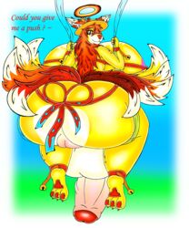 5:6 absurd_res anthro asian_mythology ass balls bell big_balls big_breasts big_butt big_penis big_pussy breasts butt_heart canid canine clothed clothing deity dialogue east_asian_mythology elysios english_text fox fox_spirit futa_only genitals grass halo hat headgear headwear herm hi_res huge_balls huge_breasts huge_butt huge_cock hyper hyper_balls hyper_breasts hyper_butt hyper_genitalia hyper_penis hyper_pussy intersex japanese_mythology looking_at_viewer looking_back mammal multi_tail mythology pawpads paws penis phylosophia_(elysios) plant pussy rear_view red_penis red_pussy ribbons skimpy sky solo swinging text thick_thighs vein veiny_penis wide_hips yōkai