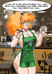 1girls angsthewicked apron big_breasts female female_focus freckles glasses green_eyes huge_breasts iced_latte_with_breast_milk light-skinned_female light_skin meme naked naked_apron orange_hair original_character ponytail