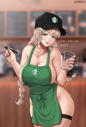 alternate_version_available apron blue_nails braid brikot cap fishnet_stockings iced_latte_with_breast_milk long_hair meme nail_polish naked naked_apron