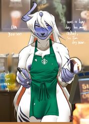 1futa 2021 absol absurd_res anthro apron apron_only areola barely_visible_genitalia barely_visible_penis barista blue_body blue_fur blush breasts bulge clothing cup digital_media_(artwork) english_text fur furry futa_only futanari genitals green_apron gynomorph hair hi_res iced_latte_with_breast_milk iced_latte_with_dick_milk intersex long_hair meme mostly_nude nintendo nipples nyufluff penis pink_eyes pokémon_(species) pokemon pokemon_(species) solo standing starbucks text video_games white_body white_fur white_hair