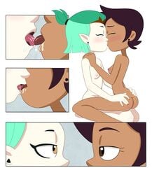 2020 2girls amity_blight brown_hair canon_couple chocolate_and_vanilla comic dark-skinned_female dark_skin disney disney_channel dominican earrings female female_only french_kissing green_hair hispanic human humanoid interracial_yuri kissing latina light-skinned_female light_skin looking_at_each_other luz_noceda multiple_girls pale_skin short_green_hair sitting straight_hair sucking_tongue the_owl_house thrumbo witch yuri