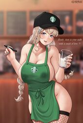 alternate_version_available apron blue_nails braid brikot erect_nipples erect_nipples_under_clothes fishnet_stockings huge_breasts iced_latte_with_breast_milk lactating lactation lactation_through_clothes looking_at_viewer meme nail_polish naked naked_apron nipples_bulge puffy_nipples starbucks