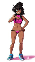 1girls andavaverse black_hair blue_eyes dalehan dark-skinned_female dark_skin ester_figueroa female glasses hand_on_chest hand_on_hip latina legs long_hair looking_at_viewer panties ponytail small_breasts smile smiling_at_viewer sneakers solo solo_female solo_focus sports_bra teenager thighs thong wide_hips