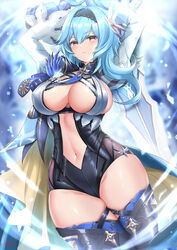 1girls big_breasts blue_hair blurry_background brown_eyes cape cleavage cyicheng eula_(genshin_impact) female female_focus female_only garter genshin_impact greatsword hair_ornament hairband headband large_breasts leotard looking_at_viewer navel no_bra signature solo solo_female solo_focus sword thigh_strap thighhighs thighs turtleneck