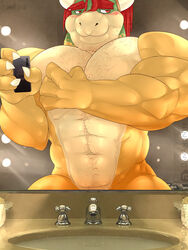 2021 3:4 abs anthro bara barazoku big_muscles blush body_hair bowser bowser_day cellphone chest_hair claws danandnite eyebrows facial_hair flexing flustered hair happy_trail hi_res holding_object holding_phone horn inside koopa looking_away male male_only mario_(series) mirror muscular muscular_anthro muscular_male narrowed_eyes navel nintendo nude pecs phone pubes reflection scalie selfie sink smartphone smile solo video_games