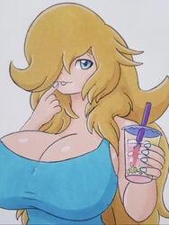 big_breasts blonde_hair blue_eyes bubble_tea cleavage hair_over_one_eye huge_breasts jumneyarts proton_jon rosajon rule_63 tagme tongue_out