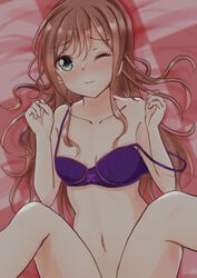 :3 absurdres artist_request bang_dream! bare_shoulders bed blush bra breasts brown_hair collarbone female green_eyes highres imai_lisa indoors long_hair medium_breasts on_bed one_eye_closed purple_bra smile solo spread_legs tagme underwear