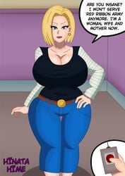 1girls alternate_version_available android_18 blonde_hair blue_eyes cameltoe cleavage curvy dragon_ball erect_nipples female female_focus hinata-hime huge_areolae huge_ass huge_breasts mind_control puffy_nipples short_hair tech_control text thick_lips voluptuous wide_hips