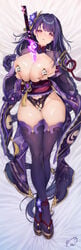 1girls blush breasts censored female female_only genshin_impact high_heels holding_own_breasts large_breasts long_hair moehime no_bra obiwan purple_eyes purple_hair raiden_shogun solo sword_between_breasts thick_thighs thighhighs thighs voluptuous xin_(moehime)