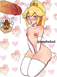 1boy1girl 1girls big_penis blonde blonde_female blonde_hair blush bowser breasts breasts_out cum_drip female hands_between_legs huge_cock koopa looking_at_viewer mario_(series) nipples nnsfwbot nude nude_female princess_peach small_breasts super_mario_odyssey thighhighs veiny_penis