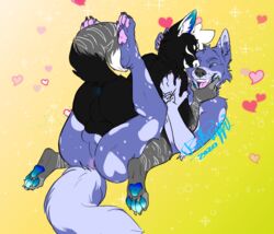 anthro anus backsack balls balls_touching black_body black_fur blue_body blue_eyes blue_fur bubbles_(character) butt_heart duo fur gangles_(artist) genitals hi_res male male/male oneiro_(character) pawpads paws ratpappi sex