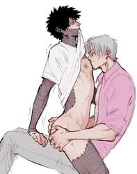 2boys anal_fingering ass ass_grab biting_clothes biting_shirt black_hair burn_scar butt_grab closed_eyes clothing dabi fingering fingering_partner fingers_in_ass gay genitals giran_(my_hero_academia) grey_hair hand_on_ass kagero_okuta kissing_chest lunchnsfw male male/male male_only my_hero_academia no_underwear okuta_kagerou on_lap penis scar scars shirt_in_mouth sitting_on_lap sitting_on_person todoroki_touya touya_todoroki white_background yaoi