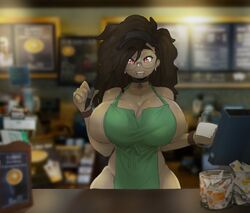 apron black_hair choker cleavage clothed clothing dark-skinned_female dark_skin female female_focus female_only glasses huge_breasts human iced_latte_with_breast_milk looking_at_viewer mature mature_female meme monkeywithaafro mostly_nude naked_apron raelynn_(monkeywithaafro) red_eyes standing