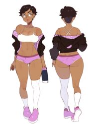 1futa asymmetrical_legwear bare_shoulders big_breasts black_hair booty_shorts breasts bulge cleavage clothed clothing dark-skinned_futanari dark_skin futa_only futanari glasses human illboxart jacket navel nintendo_switch partially_clothed penis short_hair shorts solo standing very_short_hair