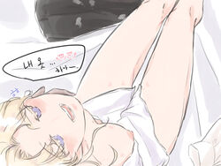 1boy androgynous blonde_hair blue_eyes blush chung_oh cookie_run hickey hickey_marks humanized_cookie korean_text light-skinned_male madeleine_cookie thick_thighs thighs