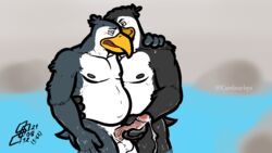 animal_humanoid anthro avian avian_humanoid balls beak belly bird bird_humanoid blush blush_lines bodily_fluids cerdeorhys closed_eyes cum cum_in_hand duo feather_hair feathers genital_fluids genitals grabbing_belly grabbing_shoulders handjob humanoid male male/male masturbation nipples penguin penguin_humanoid penile penis pond pseudo_hair rock sex simple_background smile water wet wet_body wet_feathers