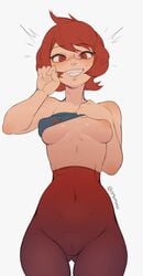 arezu_(pokemon) exposing exposing_breasts exposing_chest female human lifting_clothing lifting_shirt looking_at_viewer nintendo ortamaw pantyhose pokemon pokemon_legends:_arceus pokemon_trainer red_eyes red_hair short_hair small_breasts solo_female tights