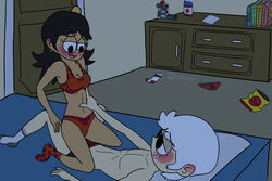 1boy 1girls aged_up bed bedroom black_hair blush bra breasts cleavage dark_room female girl_on_top headsnacke lincoln_loud looking_at_another male navel oleer open_mouth panties socks stella_zhau suggestive the_loud_house underwear white_hair