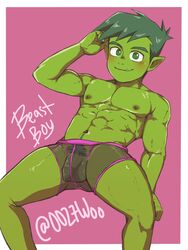 0027woo 1boy abs artist_name balls beast_boy boxers bulge dc dc_comics english_text flaccid foreskin garfield_logan green_eyes green_hair green_skin hair human male male_focus male_only muscular muscular_male penis pubic_hair see-through see-through_clothing signature solo teen_titans text uncensored uncircumcised underwear yaoi