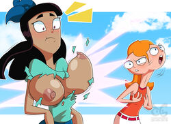 afterimage artist_name asian asian_female big_breasts black_hair blue_bow breast_envy breast_expansion breasts bursting_breasts candace_flynn disney disney_channel disney_xd flat_chest ginger hands_on_chest laser_beam long_neck motion_blur nipples open_mouth orange_hair phineas_and_ferb ripped_clothing skinny_girl stacy_hirano surprised toongrowner unaligned_breasts unexpected_expansion white_female