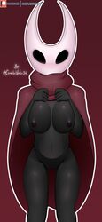 2021 animal_humanoid arthropod arthropod_humanoid blush breasts cape cloak cloak_only clothed clothing clothing_lift complex_vortex dark_body fecharis female genitals hi_res hollow_knight hornet_(hollow_knight) humanoid mask navel nipples no_underwear pussy red_cape signature simple_background simple_eyes solo team_cherry video_games