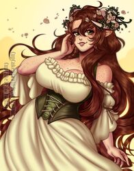 1girls bare_shoulders brown_hair cupcake992 dress female female_only flower_in_hair flowers freckles freckles_on_chest freckles_on_shoulders green_eyes horns long_hair looking_at_viewer mole mole_under_mouth pink_lips pointy_ears smiling smiling_at_viewer solo solo_female solo_focus